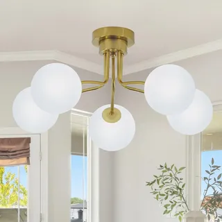 Rviezza Modern Kronleuchter Gold Deckenleuchte Schlafzimmer Golden Metall mit weißem Glaskugel-Lampenschirm 5 Flammig Deckenlampe Wohnzimmer mit G9 Fassungen für Küche Esstisch