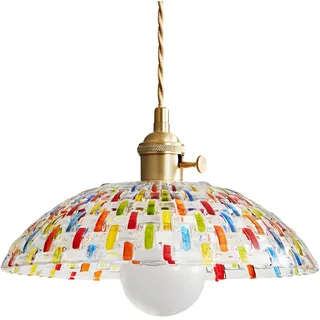 HJXDtech Vintage Bunt Glas Pendelleuchte mit Mosaikmuster, Höhenverstellbare E27 Hängelampe mit Schalter, Einziger Kronleuchter für Wohnzimmer, Kücheninsel & Esstisch (30cm)