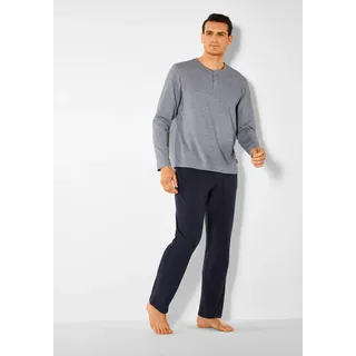 Pyjama S.OLIVER, Herren, Gr. 48/50 (M), blau (blau, meliert, navy), Jersey, Obermaterial: 95% Baumwolle, 5% Elasthan, meliert, Basic, bequem lang, Rundhals, abgesteppte Kante, Homewear-Sets Pyjama, Schlafanzug mit Knopfleiste