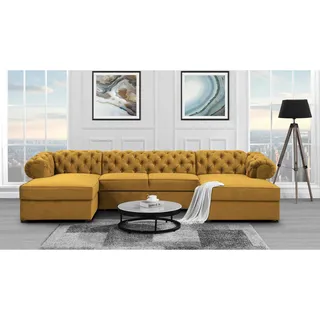 U-Form Ecksofa mit Schlaffunktion und Bettkasten Chester U-Shape Sofa im Chesterfield Stil, Stoff: kronos 01 - senfgelb, Knöpfe: Zirkonia - Gelb