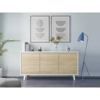 Dmora - Anrichte Arvada, Modernes Sideboard mit 3 Türen und Einlegeböden, Küchenbuffet, Wohnzimmer-Design-Buffet, 154x40h75 cm, Weiß und Eiche