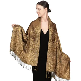 Achillea Weicher, seidiger, wendbarer Pashmina-Schal mit Fransen, Großes Paisleymuster Goldbraun, Einheitsgröße
