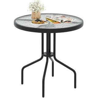 FANTASK Bistrotisch mit Tischplatte aus gehärtetem Glas, 70x70x71cm, runder Balkontisch, Outdoor-Esstisch für Terrasse, Schwarzlackiert