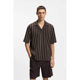 Kurzarmhemd BOSS "C-LARS CAMP B-262", Herren, Gr. 3XL, N-Gr, schwarz braun207, Jersey, Obermaterial: 97% Baumwolle, 3% Elasthan, gestreift, relaxed fit hüftbedeckend, abgesteppte Kante, Hemden Kurzarmhemd, mit Freizeitkragen, Relaxed Fit