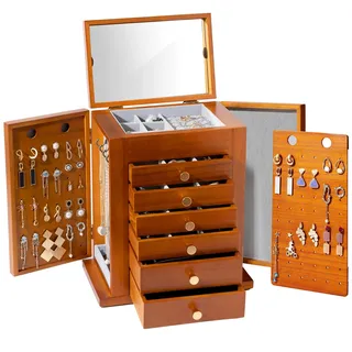 ProCase Schmuckkästchen Schmuckaufbewahrung Groß Holz Schmuckschatulle mit 7 Ebenen Schmuckkasten Schmuckbox Schmuck Organizer mit Spiegel, Schubladen für Ringe, Ohrringe -Braun