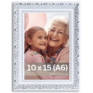 Victor Vintage Bilderrahmen „Rubens“ in 10x15 cm (A6) Weiß Silber - Leiste: 30x20mm - Echtglas - Fotorahmen Barock - Antik - Bilderrahmen 10x15 Weiß