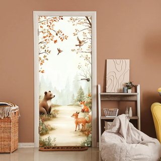 MuchoWow Türaufkleber Wald - Herbst - Waldtiere - Bär - Fuchs Fototapete selbstklebend 80x205 cm - Türtapete , Kastanienfarben , Kunststoff , Rechteckig , 80x0.1 cm , Tapeten & Wandverkleidungen, Fototapeten
