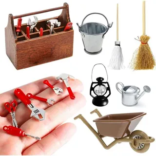 NETUME Miniatur Werkzeugkasten Weihnachten Set, 13 Stück Holz Werkzeug Wichtel Baustelle Puppenhaus Garten Deko