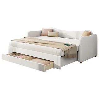 Flieks Daybett Beige Samt 90x200 ausziehbar 180 USB Schubladen , Textil , 90x200 cm , Schlafzimmer, Betten, Polsterbetten