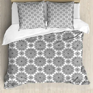 ABAKUHAUS Mandala Bettbezug, Monochrome Blumen Ethnic, Milbensicher Allergiker geeignet mit Kissenbezügen, 200 cm x 200 cm - 80 x 80 cm, Schwarz-Weiss - Schwarz