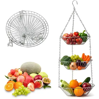 Aohyue Metall Hängender Obstkorb mit Haken, H x D: 74 x 28 cm, Edelstahl Hängender Obstkorb, Obstschale, Ideal zur Aufbewahrung von Obst, Gemüse, Brot und Lebensmitteln, Silber
