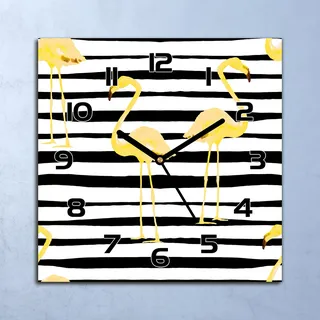 Wanduhr Echt-Glas-Küchenuhr Gold Flamingo Vogel Quarz 30x30 Deko Bilder - Gelb
