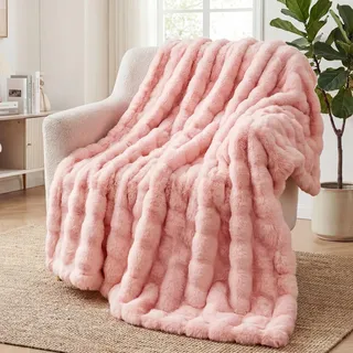 Kuscheldecke Kaninchen Plüsch Decke Super Soft Wohndecke Dick 1000 G/M2 Flanell Decke Couchdecke Warme Überwurfdecke Sofadecke Vielseitig Blanket Für Bett Sofa Schlafzimmer Büro Rosa 130 x 160cm