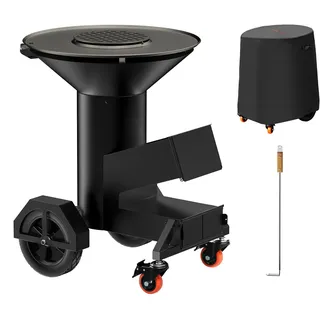 Onlyfire Großer Raketenofen mit Plancha Grillplatte 60cm, BBQ Feuerplattengrill Feuerschale mit Feuerplatte Holzkohlegrill für Terrasse & Garten, inkl. Rädern, Ascheschieber und Abdeckung, Schwarz