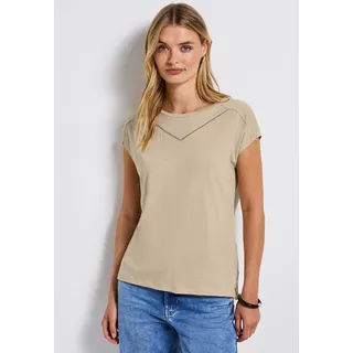 Shirttop STREET ONE, Damen, Gr. 46, beige (coastal beige), Jersey, Obermaterial: 50% Baumwolle, 50% Modal, unifarben, regular fit taillenbedeckt, Rundhals, Tops Shirttop, mit Deko-Tape