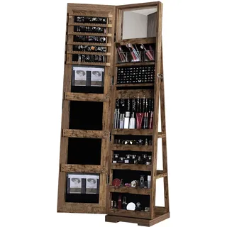 soges Stehender Schmuckschrank mit Spiegel - Mit verschließbarem Fach, 160cm Höhe, 360° Drehung • Ideal für Schmuck, Kosmetik & Taschen • Perfekt für Schlafzimmer & Dressing Room, Vintage