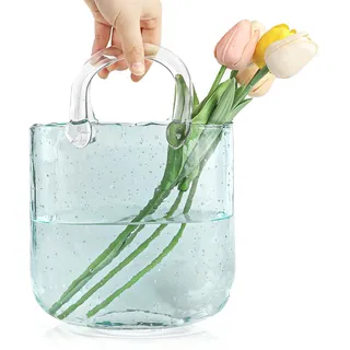 DBREAKS Glas Handtasche Vase, Tasche Glasvasen, Klare Handgemachte Vase, Geldbörsenvase, Kreative Bubble Handtasche Blumenvase(Blau)