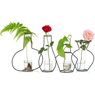 Unyqoos® 4er-Set Glasvasen mit Eisenständer – kreative Tischvase mit 4 Gläsern für Schnittblumen & Wasserpflanzen - Schwarz