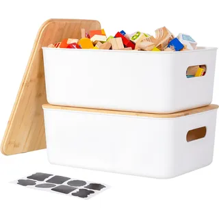 Kerhouze 2 PCS Kunststoff Aufbewahrungsbox mit Deckel Bambus für Badezimmer | Stabil 38.4*27*15.2cm, 13L Weiß Aufbewahrungskorb für Organisation Stapelbar Kleine Plastik Boxen mit Griff für Küche