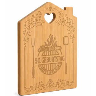 Bambus Schneidebrett mit Gravur zum 50. Geburtstag Mann, personalisiertes Grillmeister Geschenk für Männer, Geschenke zum 50. Geburtstag Mann mit Griff, Küchenbrett aus Bambus für Grillfans
