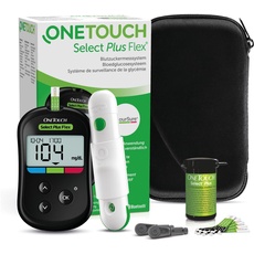 OneTouch Select Plus Flex(R) Blutzucker-Messgerät (mg/dl) I Diabetes-Testset (Zucker-Krankheit) I 1 Blutzucker-Messgerät + 10 Teststreifen + 1 Stechhilfe + 10 Lanzetten im Etui (inkl. Batterien)