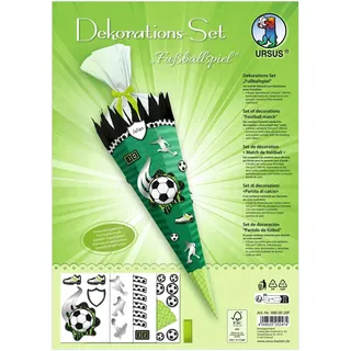Ursus 988 00 20F - Dekorationsset Fußballspiel, 4 Bogen Bastelkarton DIN A4, zum Dekorieren einer Schultüte (Rohling nicht enthalten) beidseitig bedruckt, vorgestanzt, mit Satinband