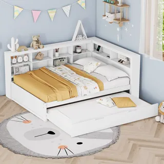 MODFU Schlafsofa Tagesbett 140x200cm mit Ausziehbarem Unterbett 90x190cm und Lattenrost, Holzbett Daybett Kinderbett Jugendbett mit USB-Steckdose und mehreren Ablagefächern, Weiß(Ohne Matratze) - Weiß