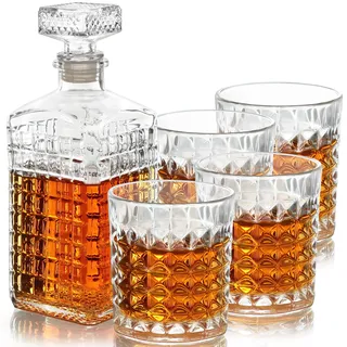 Belle Vous Glas Dekanter Set (5-Teilig) - 500 ml Karaffe mit 4 Gravierten Gläsern - Ideal für Whisky, Wein, Brandy, Bourbon und Andere Spirituosen