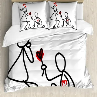 ABAKUHAUS Verlobungsfeier Bettbezug Set, Hand gezeichnete Kidergarten-Themed Hochzeits-Angebots-Bild-Feier, 200 x 200 cm + 80 x 80 cm, Schwarz Weiß und Rot