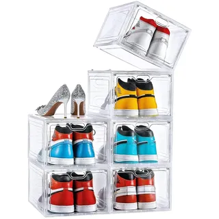 ADOV Schuhbox Aufbewahrung, 6er Set Transparent und Stapelbar mit Deckel | Robuste Kunststoffboxen für Schuhe und Sneaker, Aufbewahrungsboxen für Damen und Herren, Vielseitiger Organizer für Zuhause