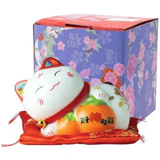 Jade Temple Maneki Neko Winkekatze Weiß, liegend, klein, Spardose, japanische Glücksbringer Katze, asiatisches Deko-Objekt, Porzellan, 8,5cm Höhe, 12cm Durchmesser, mit Kissen, 1 Stück in Geschenkbox