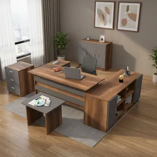 Dmora Set da ufficio Delta, Composizione da Studio, Kit ufficio, Set scrivania e cassettiera, Noce e Antracite
