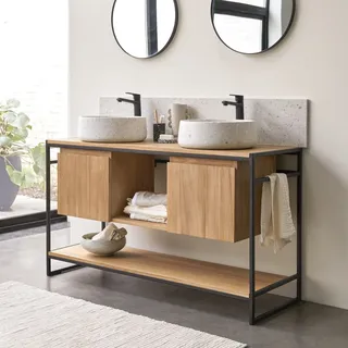 Michal - Waschtischunterschrank aus massivem Teakholz und Metall 140 cm