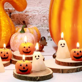 12 Stück Halloween Geist Spaß Gesicht Kürbis Kerze Schwarze Katze Hexe Duftkerzen Form Kerzen Erntedankfest Kerze Handgemachte Wachs Herbst Kerzen Deko für Haus (Geist, Kürbis)