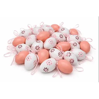 KAMACA 30er Set Bunte Ostereier aus Kunststoff zum Aufhängen – 6 cm – Wetterfeste Osterdeko für Außen & Innen – Kunststoffeier in Rosa & Weiß mit Motiv – Deko für Osterstrauch & Garten
