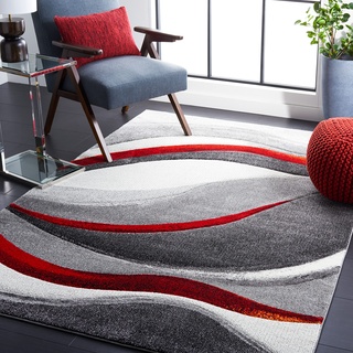 SAFAVIEH Zeitgenössische Teppich für Wohnzimmer, Esszimmer, Schlafzimmer - Hollywood Collection, Kurzer Flor, Grau und Rot, 79 X 152 cm