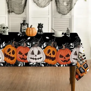 Artoid Mode Schwarz Spinnennetz Blätter Kürbisse Halloween Tischdecke 140x110 cm, Spinnen Fleckschutz Tischwäsche Küche Dekoration Party Dekor