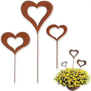 cuhostki Herzen Stecker Gartendeko, 3 stück Blumentopf Deko Stecker Herz aus Edelrost Metall, Design Gartendeko für Garten Beet Roststecker Blumenstecker