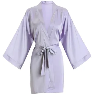 LUKX Bademantel Damen Kurz,Baumwoll-Leinen-Bademantel Lila Schlichter Kimono Robe V-Ausschnitt Morgenmantel Leicht Kurz Nachthemd Braut-Morgenmantel Nachtwäsche Bademantel Damen