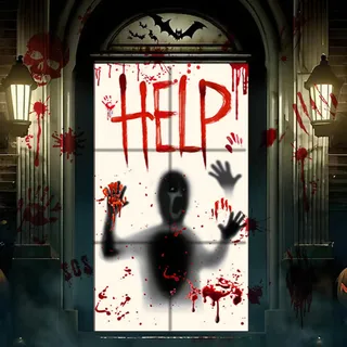Forbabe Halloween Deko Horror Fenster, Blutige Fensterdeko Türdeko für Outdoor Innen Garten Party, 2 Stück 155 x 70cm Halloween Tür Fensterbilder + 8 Sets 35x25cm Blutiger Handabdruck Aufkleber (A)