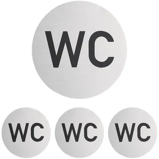 Relaxdays WC Schild, 4er Set, rund, Türschild zum Aufkleben, Ø 10 cm, Bad & Gäste-WC, Aluminium, Toilettenschild, silber