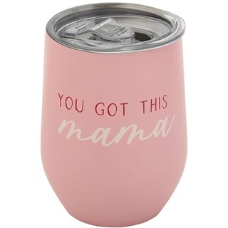 Pearhead You Got This Mama Stainless Steel Wine Tumbler with Press-In and Slide Locking Lid, Cute Motherhood Stemless Wine Glass Tumbler Mug, New Mom Accessory, 12oz