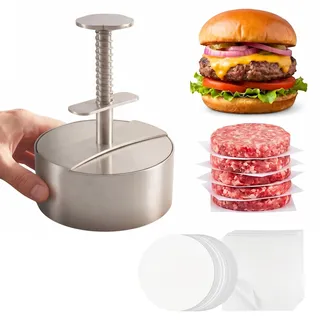 eupdd Burgerpresse Edelstahl 10 cm: Burger Patty Presse Mit 200 Burgerpapier, Hamburgerpresse Als Hamburger Patty Maker Für Küche, Grill, BBQ Und Party