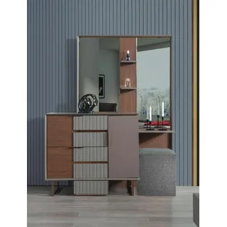 Moderne Schlafzimmer Garnitur Schminktisch Mit Spiegel Hocker 3tlg Set - Beige