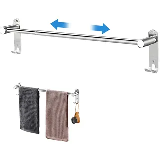 Wisebom Handtuchstange Edelstahl Ausziehbar 43–75cm, Handtuchhalter mit Haken Schrauben Kleber, Silber Wandmontage Badetuchhalter Handtuch Halterung für Badezimmer Küche