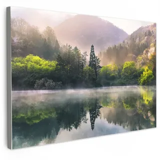MuchoWow Leinwandbild Natur - Bäume - Berge - See - Wasser XXL 150x100 cm , Hellgrün , Textil , Kiefer , Rechteckig , 150x100 cm , FSC 100% , gerahmt , Bilder & Rahmen, Bilder, Leinwandbilder