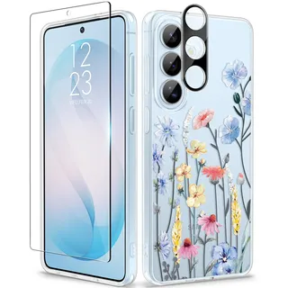 GVIEWIN Kompatible mit Samsung Galaxy S26 Plus Hülle 6,7" 2026, mit Displayschutz & Kameraschutz, Anti-Gelb Blumen Klar Kratzfest Stoßfest Schutzhülle Mädchen,Aconitum/Hellblau