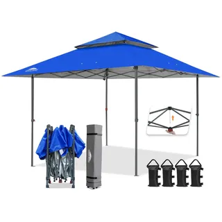 EAGLE PEAK Schräge Beine Faltbar Pavillon 4x4m Wasserdicht Camping Pop-up Faltpavillon mit Seitenteil, inkl. Rucksack, Blau