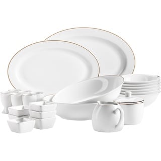 Mäser 931735 Serie Professional Dining Zubehör Set aus Müslischalen, Eierbechern, Schüsseln, Zuckerdose, Milchkännchen, Dipschälchen und Servierplatten, 24-teilig, Weiß mit Goldrand, Porzellan