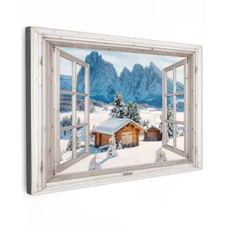 MuchoWow Leinwandbild Winterlandschaft - Hütte - Berge - Ausblicke - Aussicht - Natur Wanddeko 90x60 cm , Weiß Hochglanz , Textil , Kiefer , Rechteckig , 90x60 cm , FSC 100% , gerahmt , Bilder & Rahmen, Bilder, Leinwandbilder